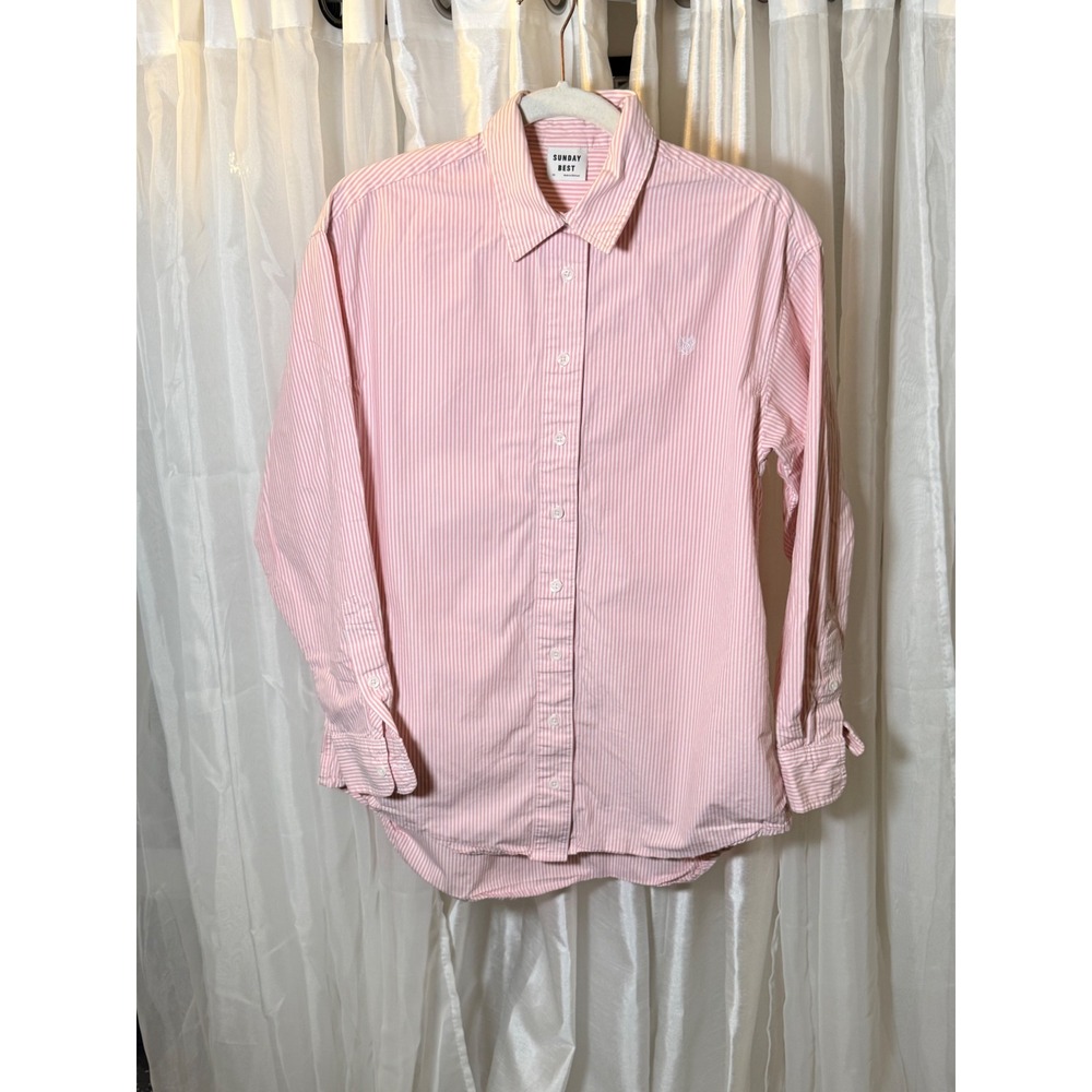 Sunday Best Button Down Shirt Womens XS Pink Striped Long Sleeve Logo